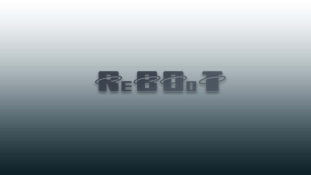 ReBoot 1990s CGI series logo with blocky font and orbiting rings on grey gradient background Wallpaper