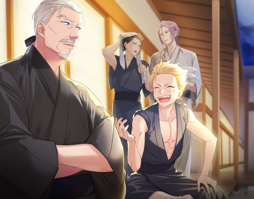 Re Zero summer jinbei wallpaper with Garfiel, Wilhelm, Subaru, and Julius on sunlit porch