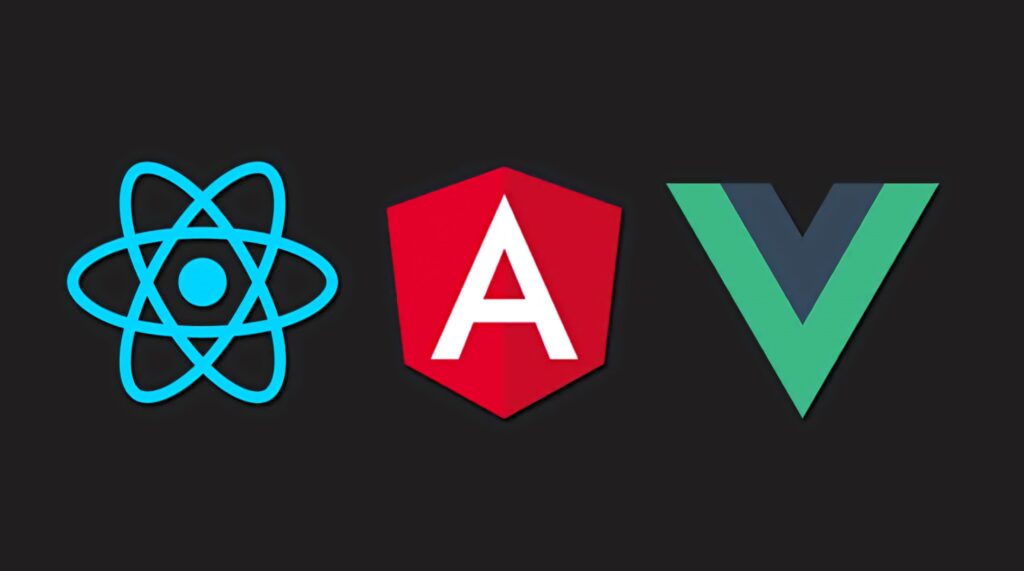 Logos of React Angular and Vue side by side on dark background JavaScript frameworks wallpaper