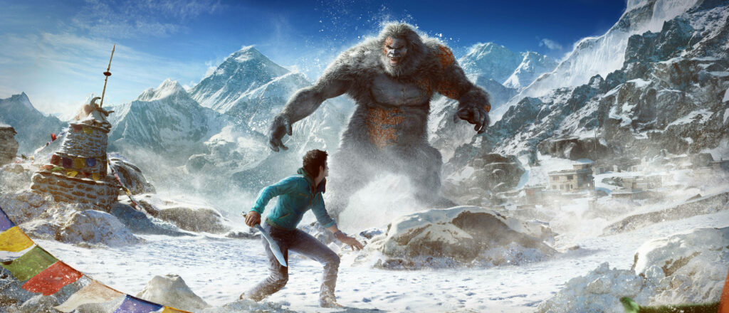 The Courageous Ajay Ghale Prepares for a Fierce Encounter with a Mythical Yeti in the Scenic Landscapes of Far Cry 4 Wallpaper