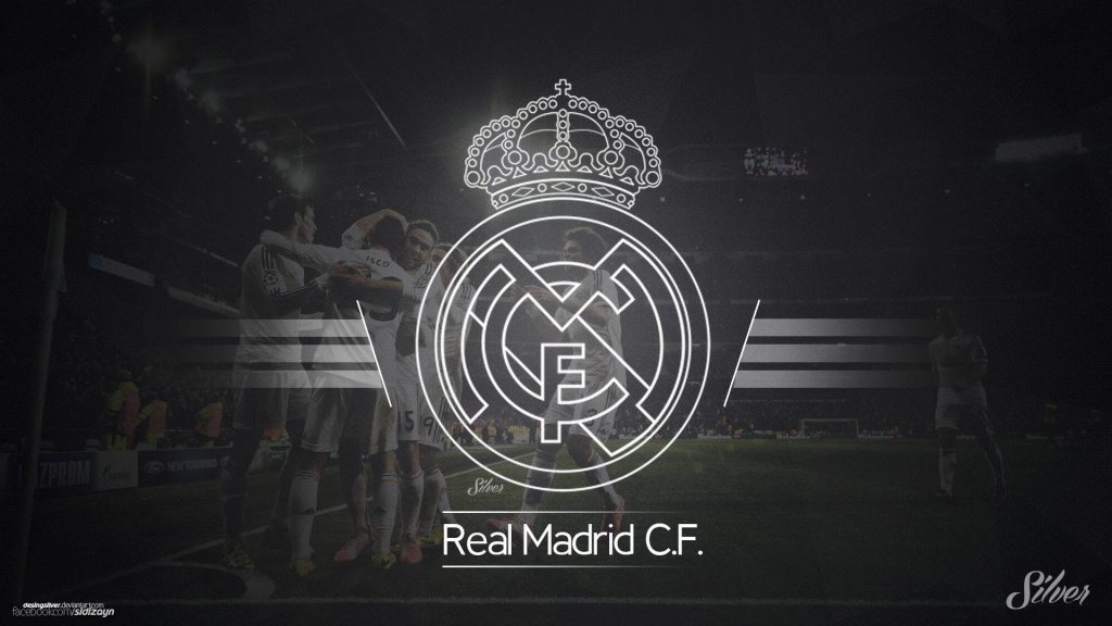 Real Madrid C.F. wallpaper with white crest over moody stadium celebration background design