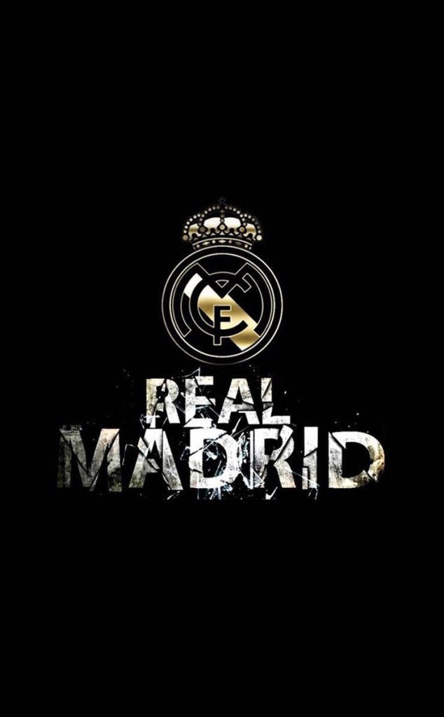 Real Madrid wallpaper with metallic gold crest and distressed typography on black background