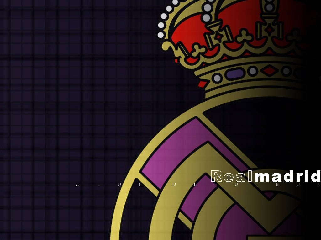Real Madrid wallpaper with sharp gold crest and royal crown on dark modern grid background