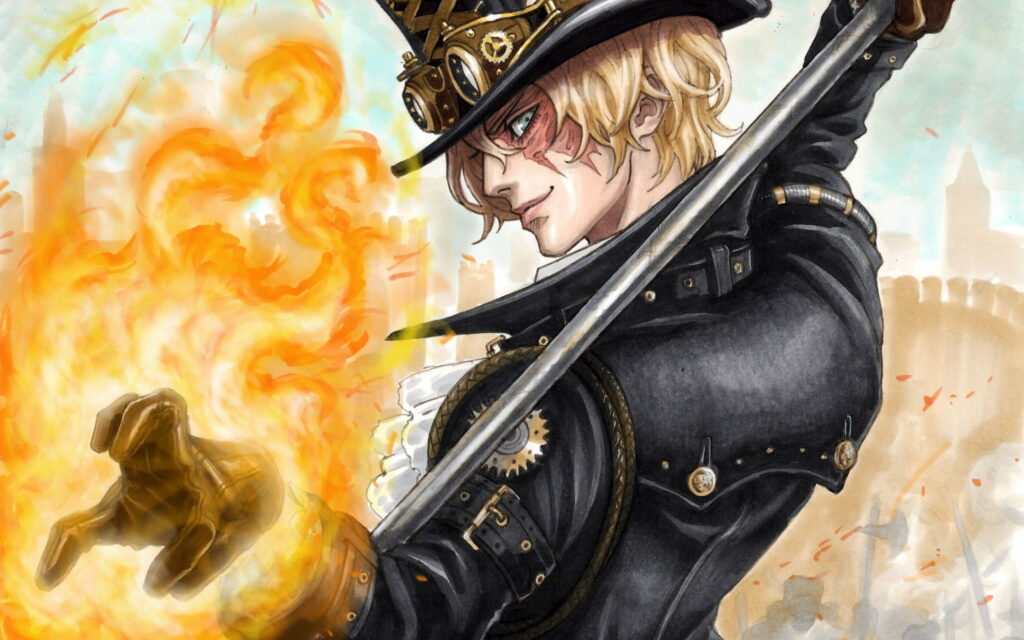 Sabo from One Piece using Mera Mera no Mi fire powers with top hat and intense gaze wallpaper