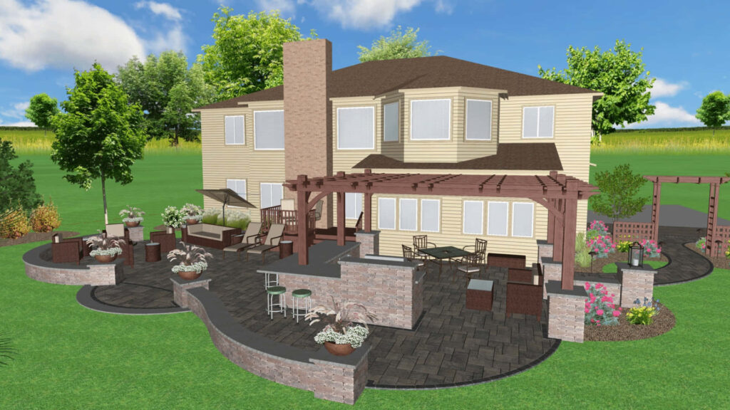 Charming 3D Backyard Landscape with Patio, Lush Greenery, and House Wallpaper