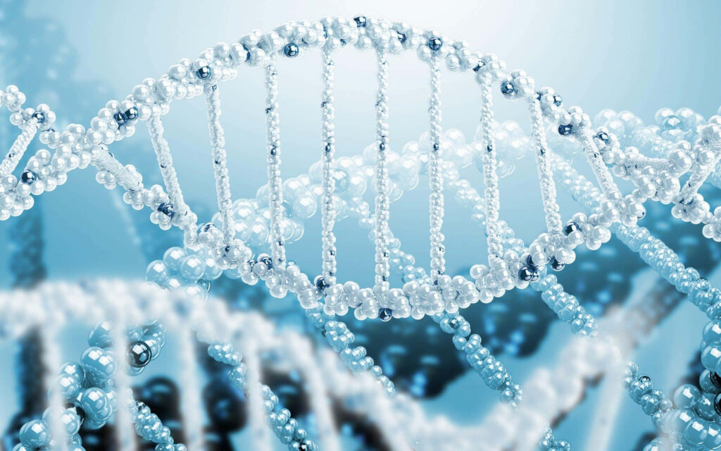 Realistic 3D DNA double helix on soft blue gradient background detailed molecular structure Wallpaper