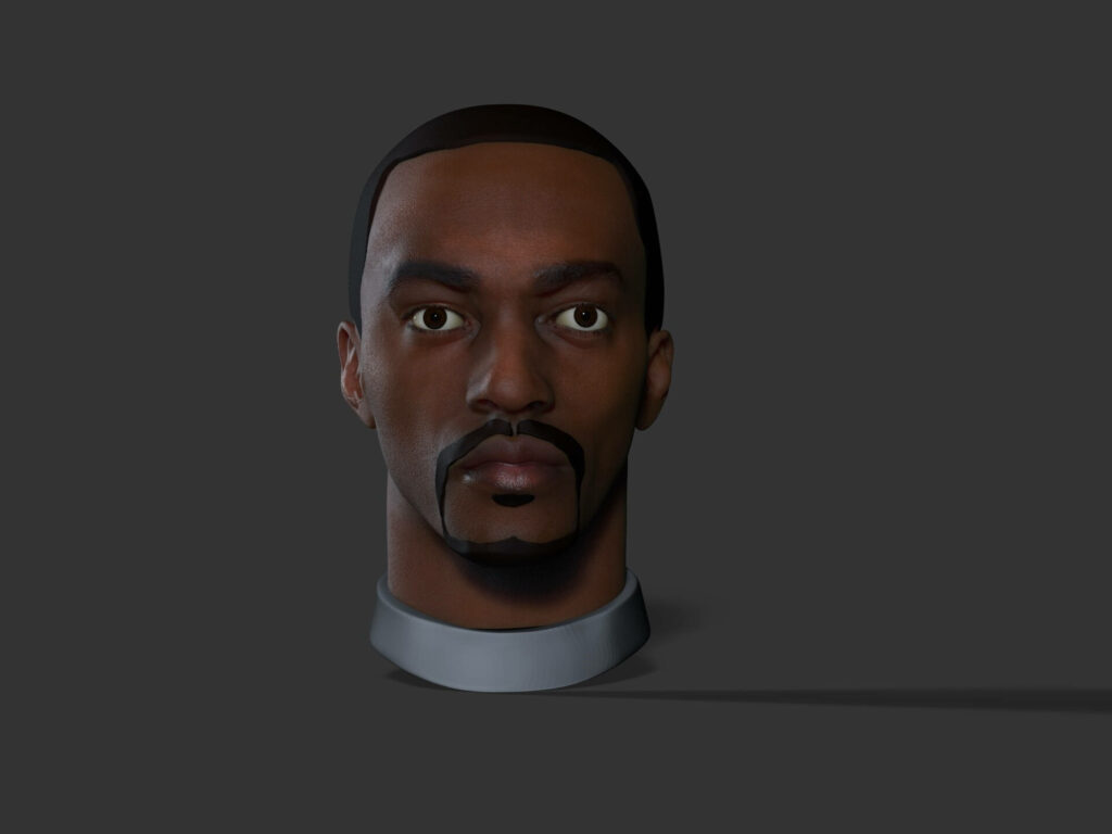 Realistic 3D digital portrait of Anthony Mackie with detailed facial features on dark background Wallpaper