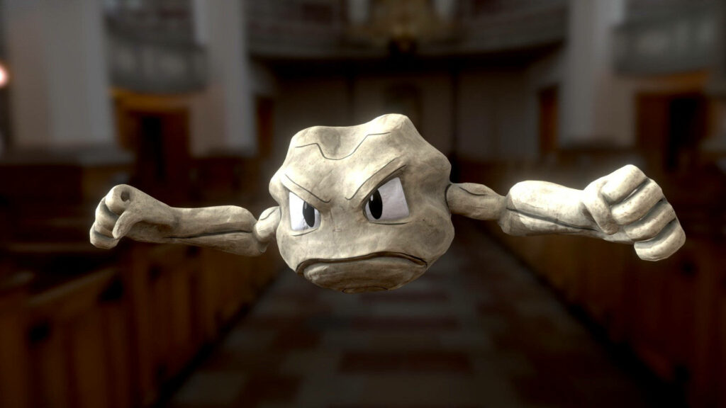 Realistic 3D Geodude Wallpaper in Blurred Indoor Setting