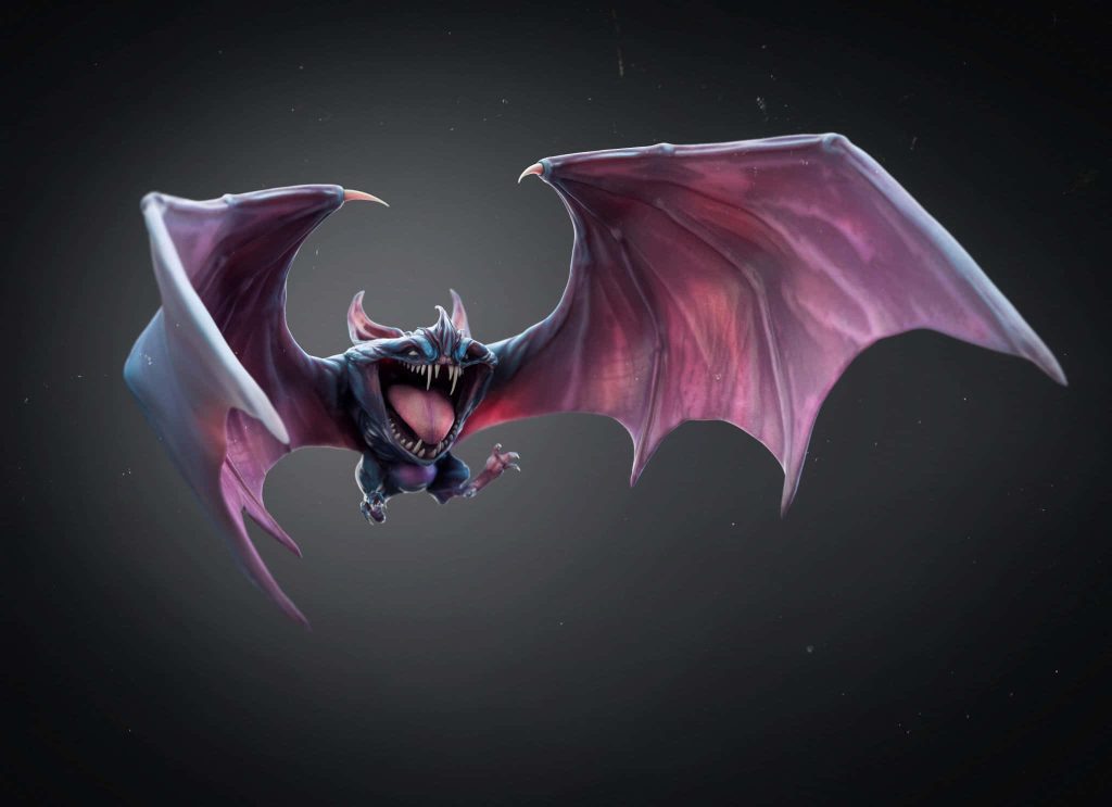 Realistic 3D CGI Golbat in dynamic flight with wide mouth and purple wings on dark background Wallpaper