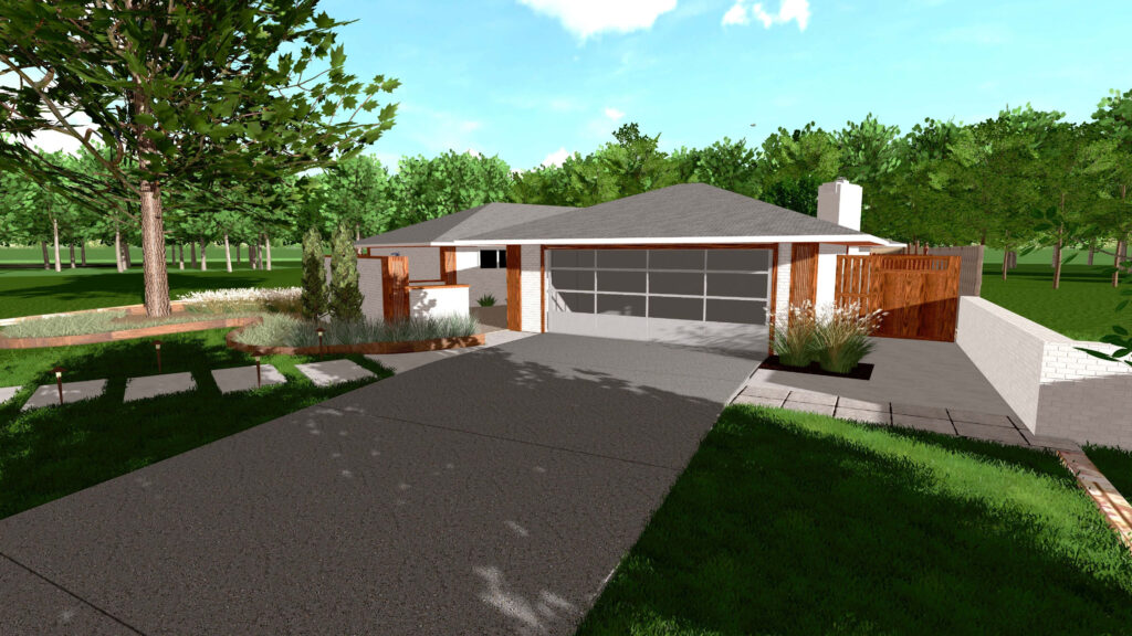 Tranquil 3D Rendering of Modern Single-Story House with Lush Greenery Wallpaper