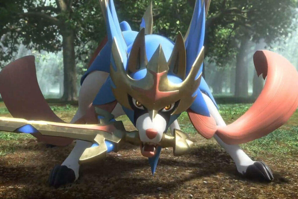 Realistic 3D Zacian Pokémon Wallpaper in Sunlit Forest Background