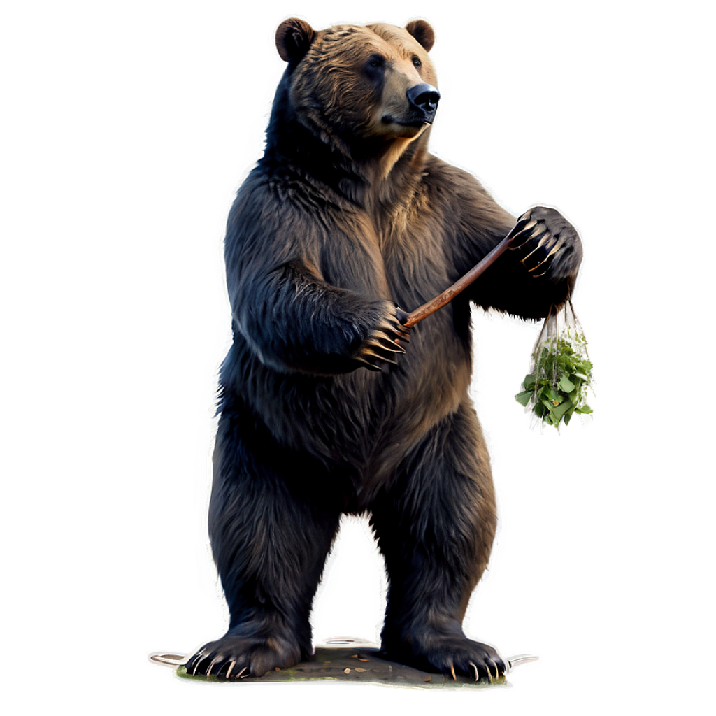 Realistic Bear Illustration: Upright with Stick & Leaves - Nature Wallpaper