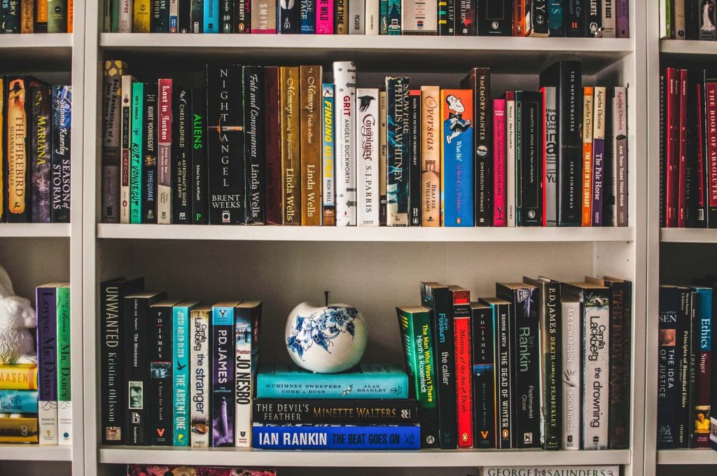 Realistic bookshelf wallpaper with classic books and ceramic vase for professional Zoom background