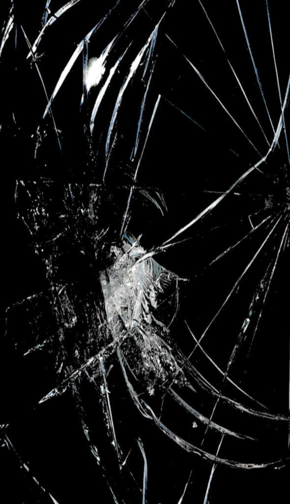Macro shot of intricate broken glass cracks on black background realistic shattered screen wallpaper
