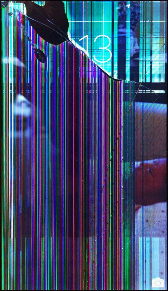 Damaged phone screen wallpaper with colorful vertical glitch lines cracked glass effects broken display