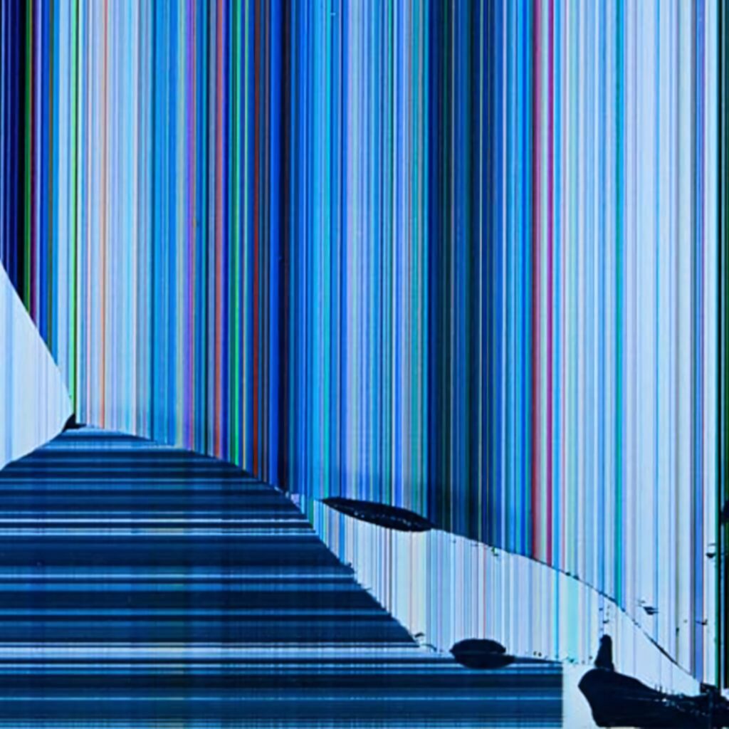 Realistic broken screen wallpaper with vivid blue vertical lines and detailed shattered cracks background