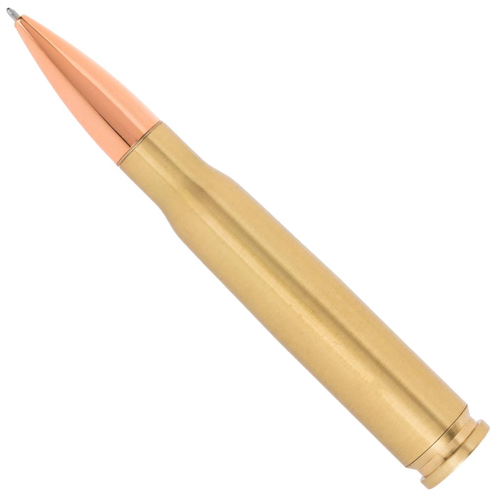 Ballpoint pen shaped like rifle cartridge with copper tip and brass casing on white background Wallpaper
