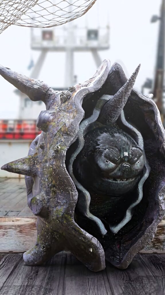 Realistic Cloyster Pokémon with detailed spiky shell and wet textures at harbor background Wallpaper