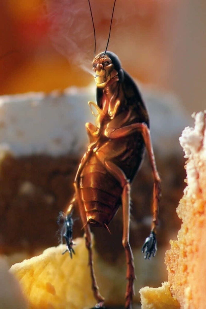 Realistic cockroach on textured cake slice with warm lighting close-up natural contrast wallpaper