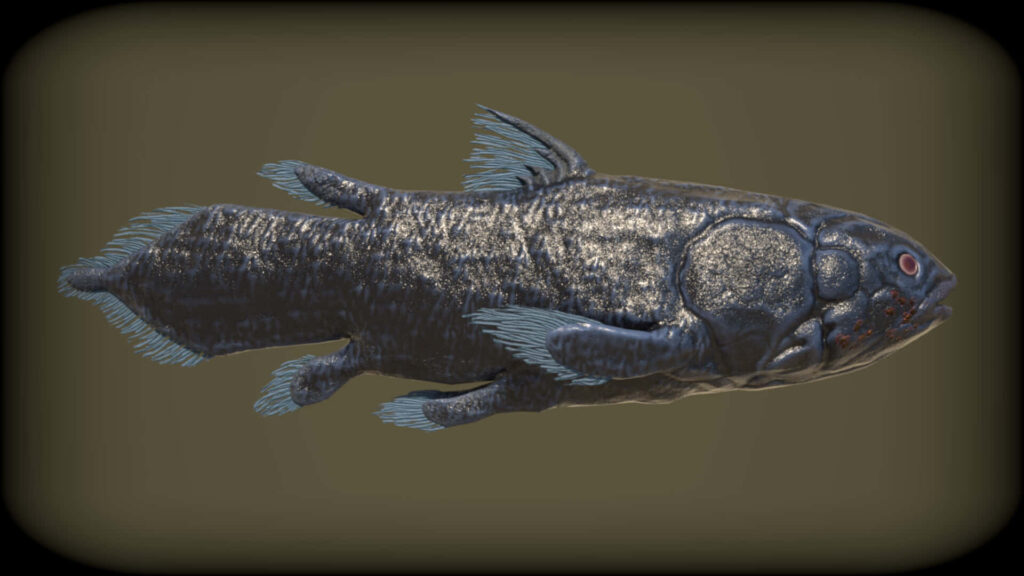 Realistic Coelacanth digital wallpaper showing ancient fish with lobed fins on brown background