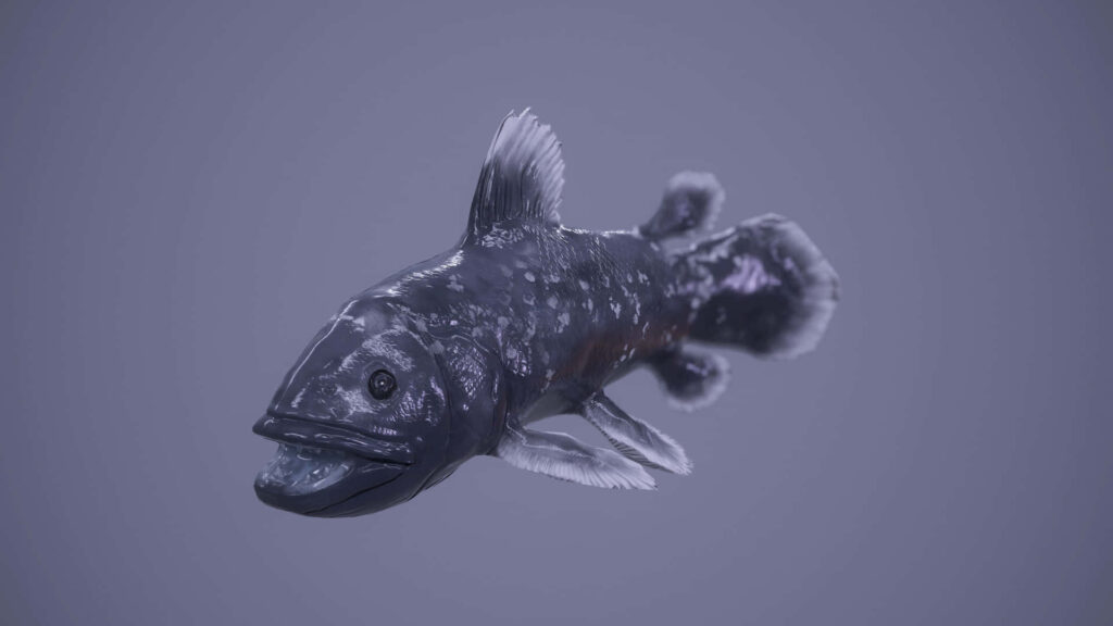 Realistic Coelacanth fish swimming underwater with detailed texture in blue and grey tones wallpaper