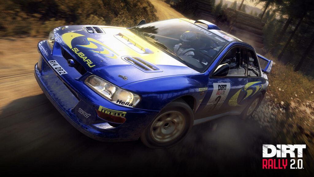 Roaring into the Virtual World: A Lifelike Subaru Impreza in Metallic Blue with Vibrant 'Dirt Rally' Yellow Decals Wallpaper