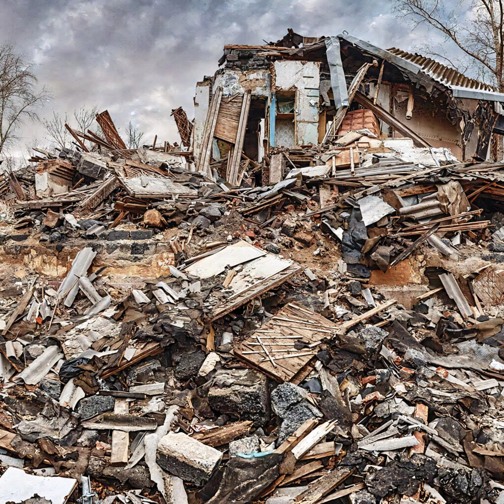 High definition earthquake wallpaper showing collapsed building debris under cloudy somber sky