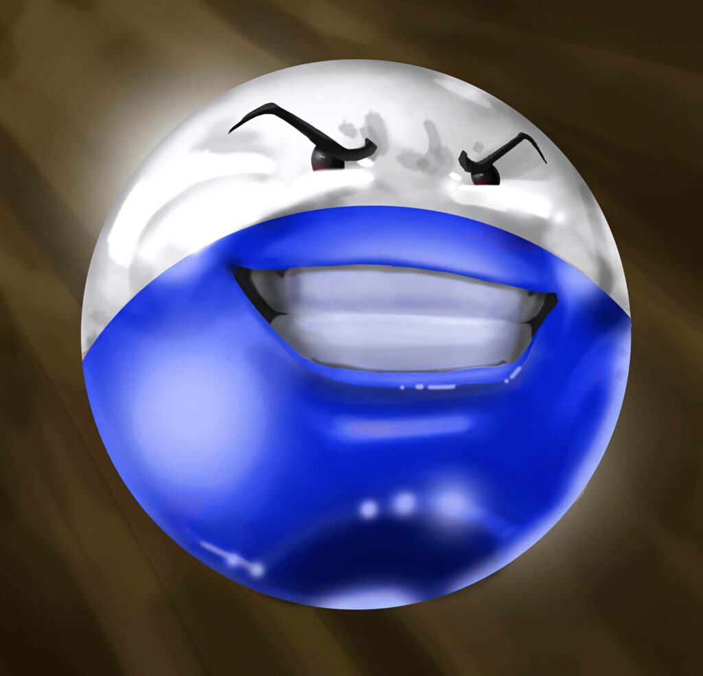 Realistic Electrode wallpaper with glossy blue white surface expressive eyes and mischievous grin