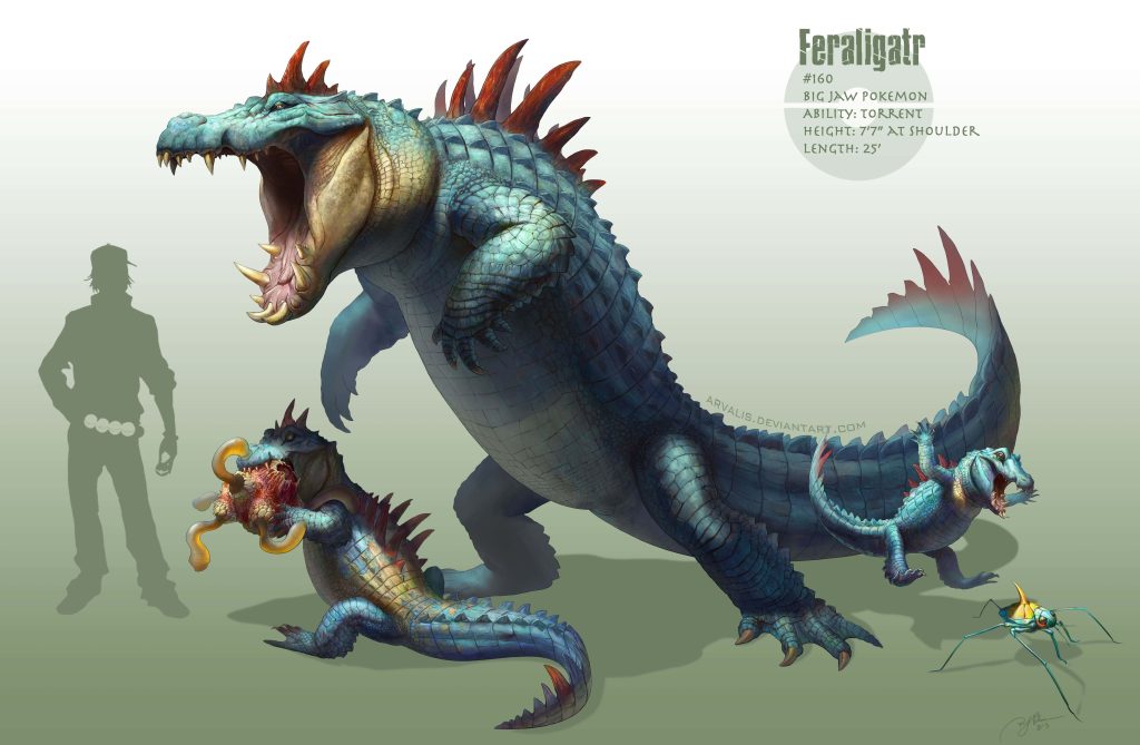 Realistic digital art of Feraligatr evolution line with trainer silhouette and natural textures Wallpaper