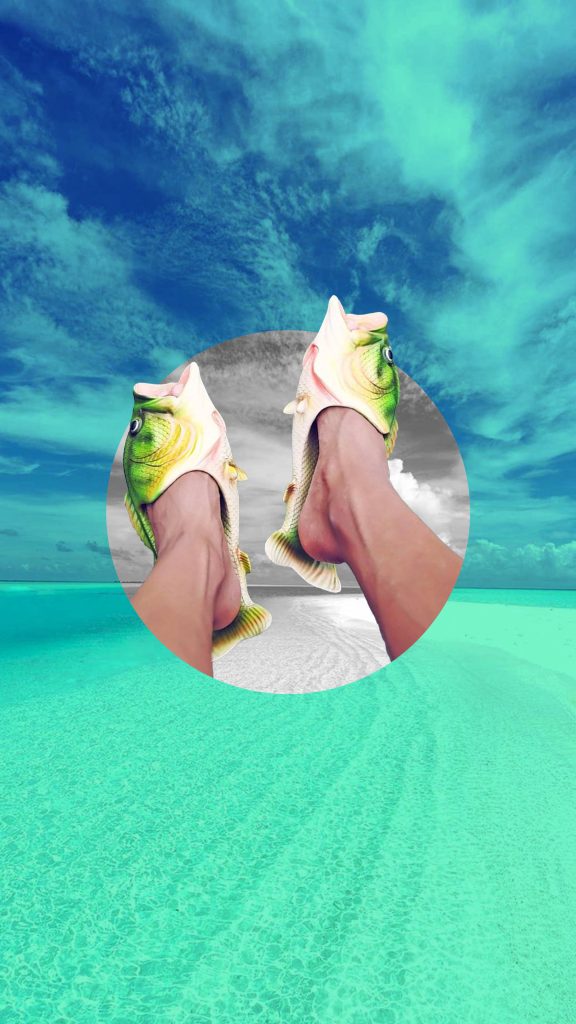 Surreal wallpaper with realistic fish slippers in colorful tropical ocean and grayscale beach frame