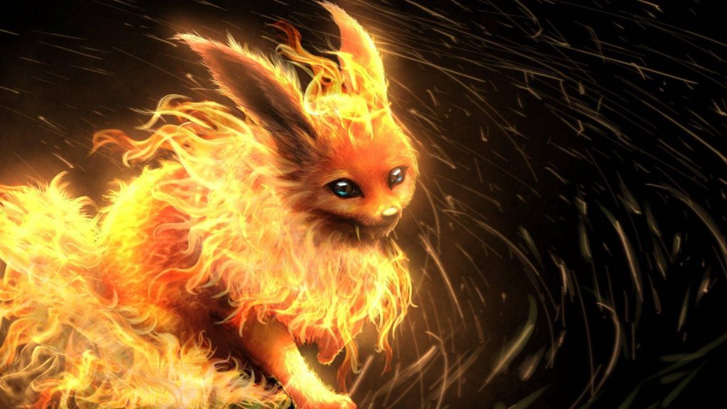 Flareon digital art wallpaper glowing flames dynamic Fire-type Pokémon dark background desktop