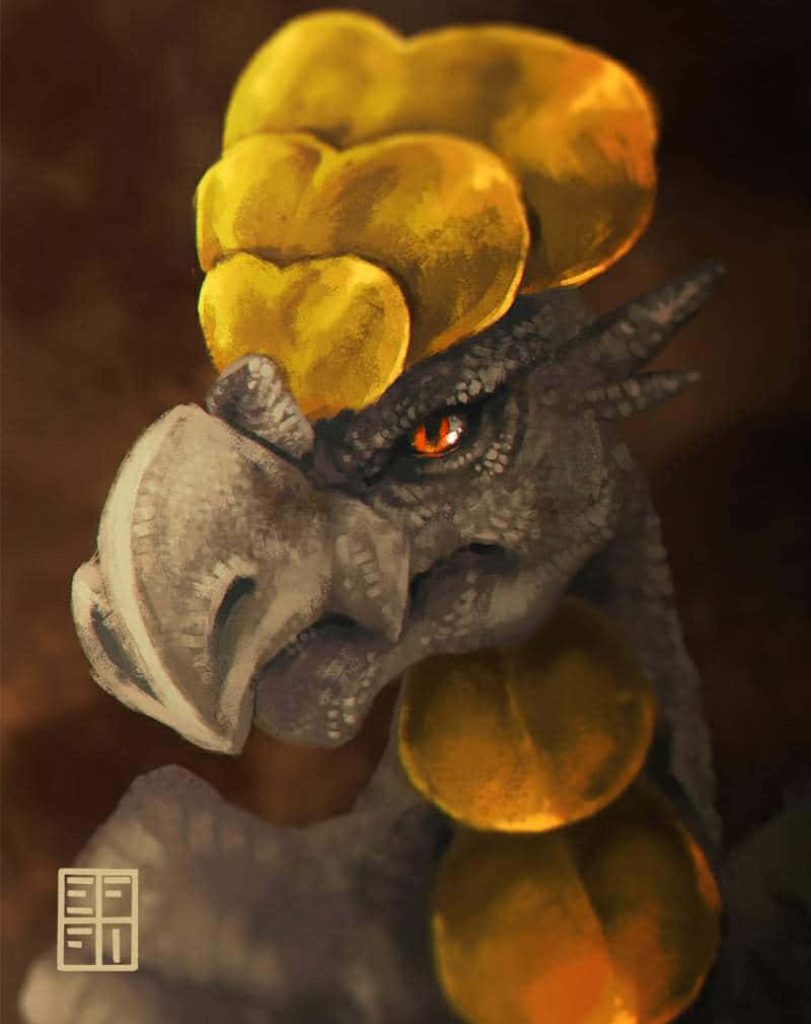 Realistic digital portrait of fierce Hakamo-o with detailed grey scales and golden plates wallpaper