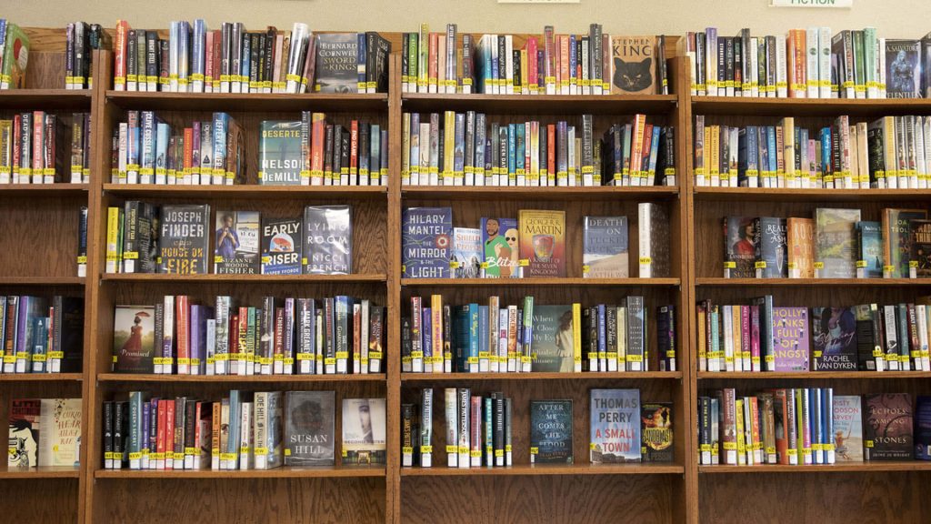 Realistic library bookshelf background with colorful fiction novels on warm wooden shelves Wallpaper
