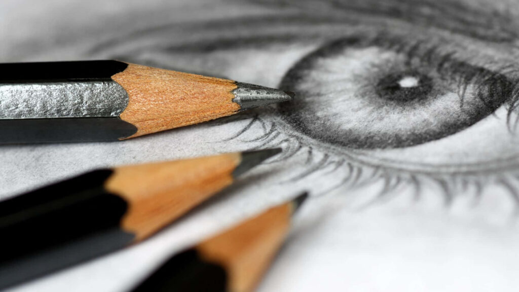 Detailed pencil sketch of a human eye with realistic shading and graphite pencils on a monochrome background Wallpaper