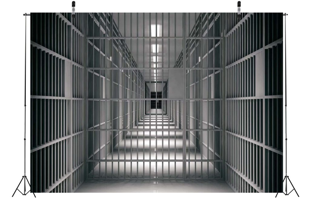 Realistic prison corridor wallpaper with symmetrical metal bars and cool-toned lighting background
