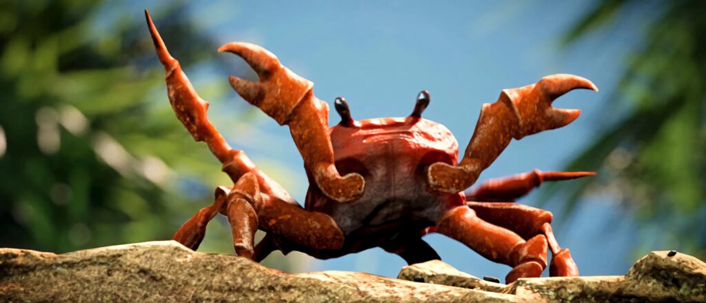 Realistic crab with raised claws on sunlit rock vibrant tropical coastal wallpaper background