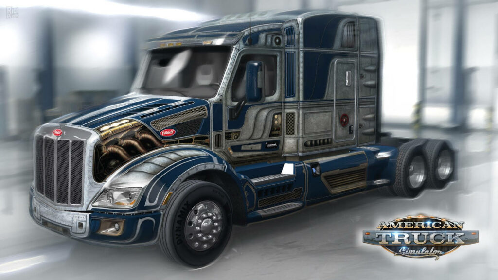 Detailed truck in bright garage with American Truck Simulator logo wallpaper background