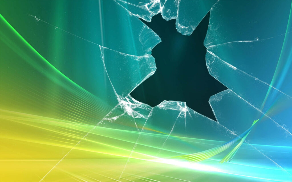 Realistic Windows broken screen wallpaper with shattered glass and vibrant colorful background waves