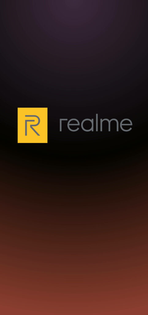Bold Realme Branding: Black & Brown Gradient Wallpaper with Iconic Logo and Text