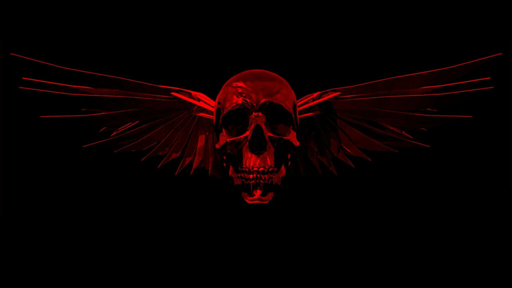 Fiery Wings of Ruthless Power: A Striking Crimson Skull Emerges from the Abyss Wallpaper