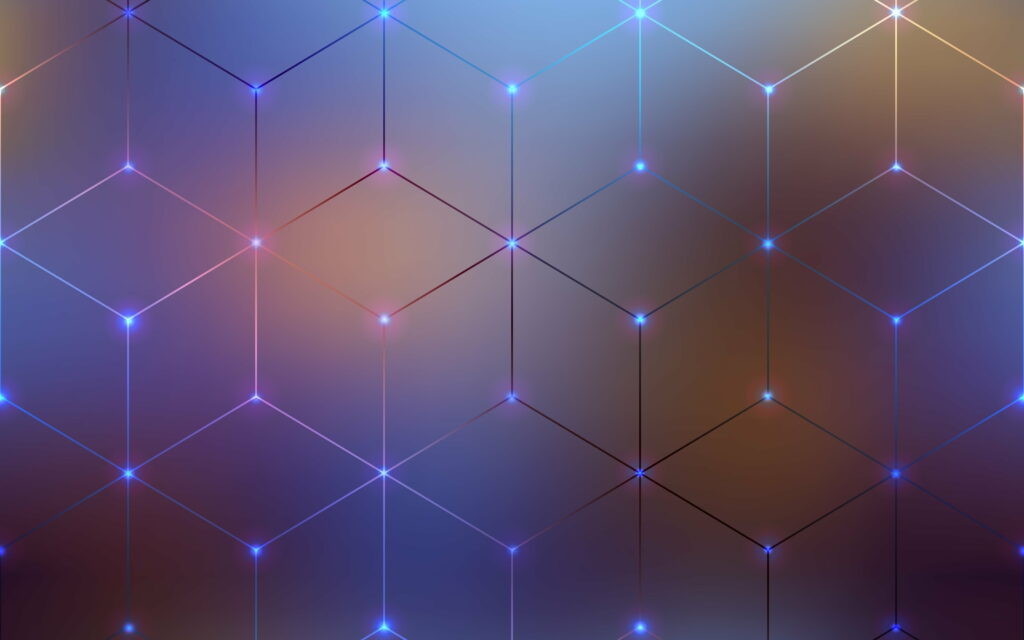 4K abstract digital wallpaper with isometric geometric grid and glowing blue magenta nodes on gradient background