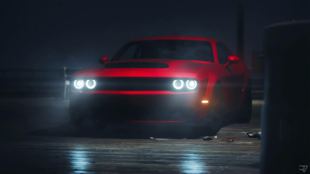 Red 2018 Dodge Challenger Demon with glowing headlights in night mist 4K wallpaper background