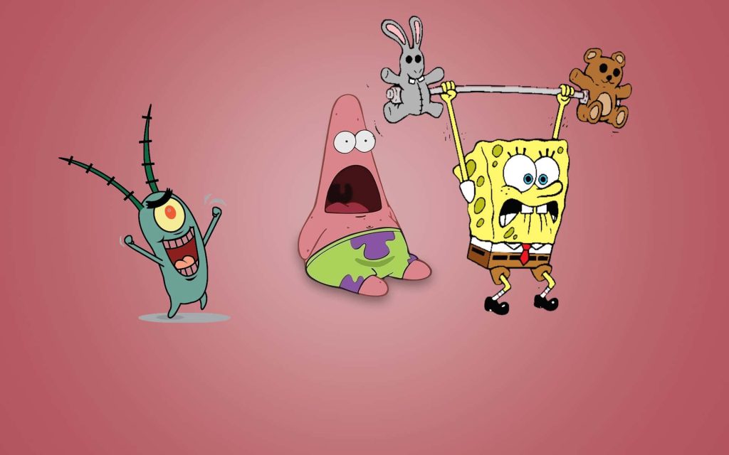 Red SpongeBob SquarePants wallpaper weightlifting plush toys with shocked Patrick and laughing Plankton
