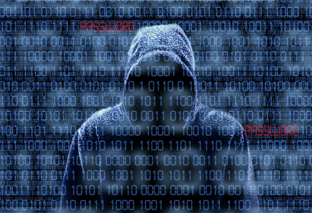 Black Hooded Hacker in a Sea of Binary Codes: Red Digital Text Password Wallpaper