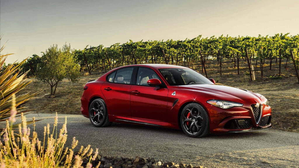 Red Alfa Romeo Giulia parked on scenic vineyard road showcasing sporty elegant design wallpaper