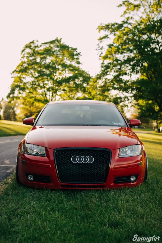 Red Audi front view with bold grille sleek design in sunlit lush outdoor wallpaper background