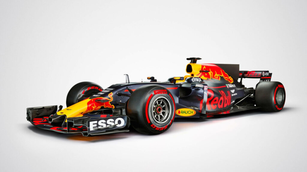 Red Bull F1 racing car wallpaper showcasing aerodynamic design and vibrant sponsor logos