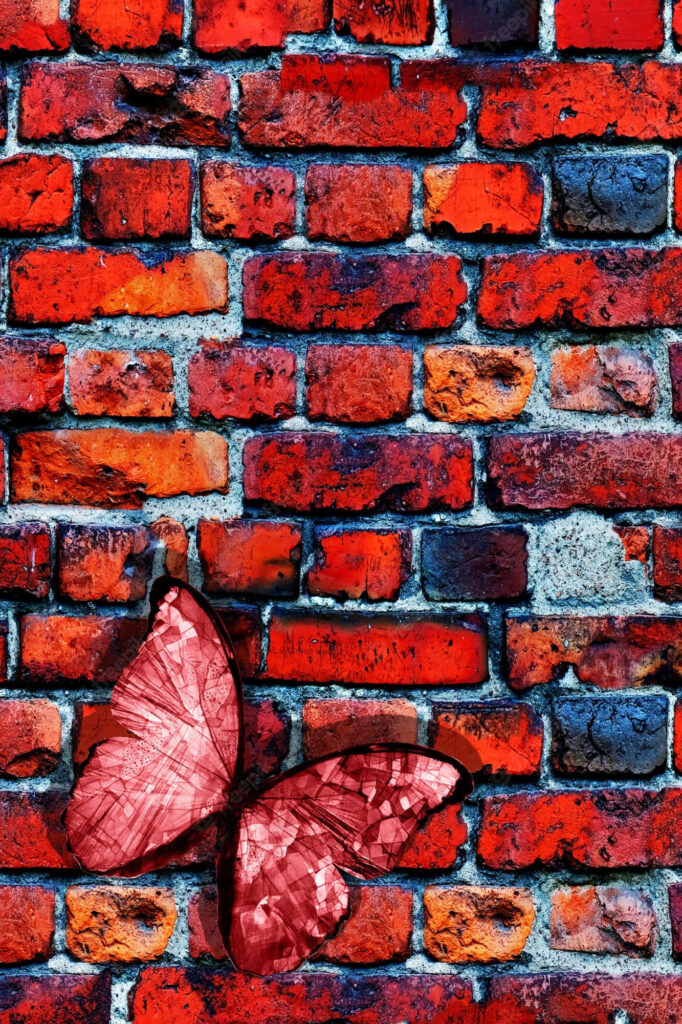 Vibrant Red Butterfly on Textured Brick Wall - Wallpaper Background