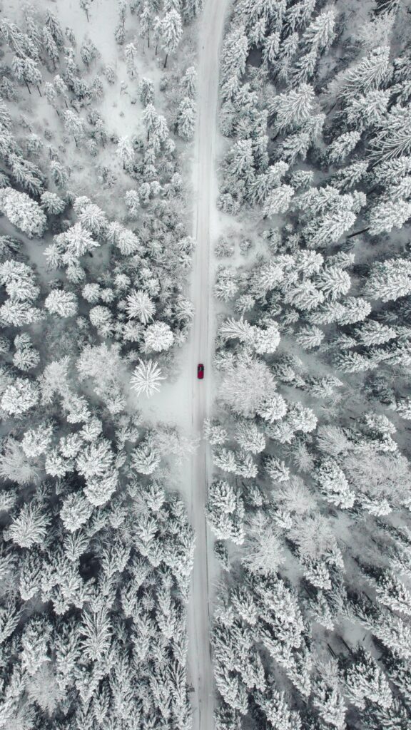 Aerial view of red car on snow-covered road surrounded by frosted forest winter landscape wallpaper