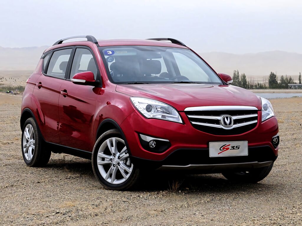 Red Changan CS35 SUV parked in scenic landscape showcasing modern design and sporty style Wallpaper